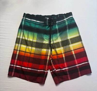 Hang Ten Board Shorts Mens XL Rasta Plaid Red Green Yellow Surf Swimwear - Image 1 of 4