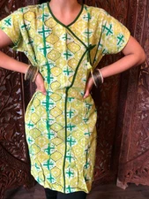 Boho Gypsy Hippy Yellow Green Printed Cotton Summer Fashion Comfy Tunic M 