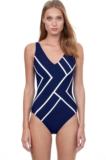 Gottex Mirage V-Neck One-Piece Navy L44149 Women's Swimsuit Size US 8