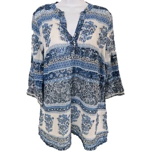 Womens Monsoon Blue Floral Paisley Metallic Boho Peasant Loose Fit Tunic Top M. - Picture 1 of 10