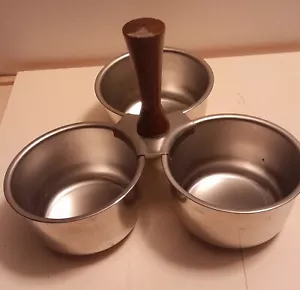 Vintage Stainless Steel Attached 3 Serving Bowls With Wooden Handle - Picture 1 of 6