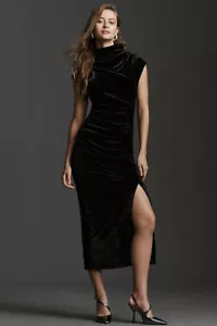 NWT Anthropologie Maya Ruched Cowl-Neck Dress Strech Velvet XXS Black Midi - Picture 1 of 9
