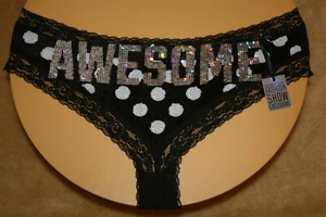 Black Victoria's Secret Extra Low Rise Cheekster, White Dots & Awesome - L - Picture 1 of 2