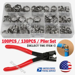 100PCS Hose Clamp Assorted Stainless Steel Ear Cinch Rings Crimp Pinch Plier Set - Picture 1 of 33
