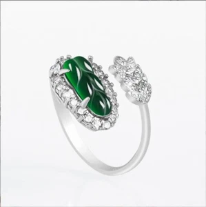 Certified S925 Sterling Silver Natural Green Burma A Jade jadeite Leaf Ring - Picture 1 of 9