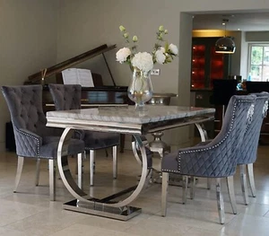 Marble Dining Table with 6 Charis Set Gloss Finish 1.8m Grey Mirrored Lion Head - Picture 1 of 8