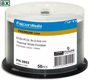 300-Pak FalconMedia 8.5GB 8X White Thermal Hub Printable DL DVD+R’s in Cakebox - Picture 1 of 1