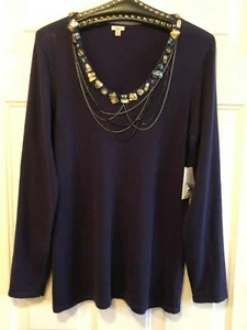 NWT $88 REBA CROWN JEWELS Sz M Women Knit Top Sweate Long Sleeve Navy Decorated  - Picture 1 of 11