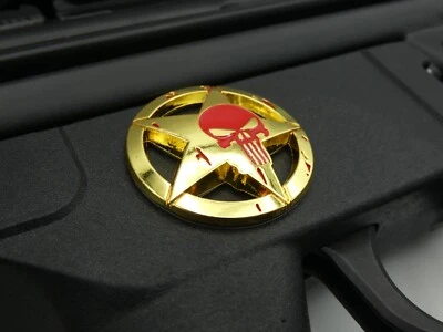 1X AR-15 AR15 Rifle Decal Emblem Punisher Theme (Gold/Red) Zinc Alloy - Image 1 of 4