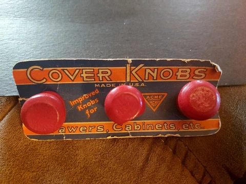 3 Vintage Wooden Drawer Knobs  Red Color 1  7/8" H. On Original Card. 50's, NEW Cover
