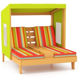 Kids Chaise Lounge Chair Outdoor, Toddler Wood Double Pool Lounger Chairs w/C... - Picture 1 of 9