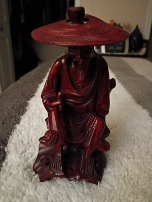 Figura de madera tallada china grande vintage con pipa y sombrero Foto 1 de 4
