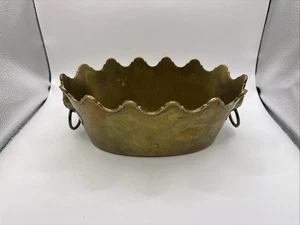 Vintage Solid Brass Scalloped Cache Pot With Lionhead Handles 9 X 6 X 3.5” - Picture 1 of 9