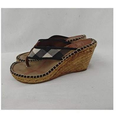 Burberry Espadrille Wedge Sandals Nova Check Leather Thong Natural Tan Brown 36 - Image 1 of 4