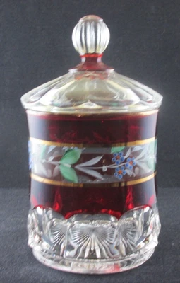 EAPG RUBY STAIN CLEAR GLASS COVERED SUGAR BOWL DUNCAN MILLER BLOCKED THUMBPRINT - Image 1 of 4