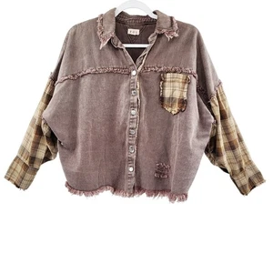 POL Brown Plaid Patchwork Long-sleeve Shirt Jacket Raw Edges Women's Size Small - Picture 1 of 10