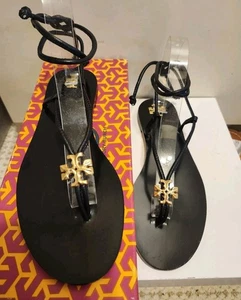 Neu im Karton Tory Burch "Capri" schwarze flache Schnürsandalen aus 100 % Leder Größe 6,5 UVP 300 $ - Bild 1 von 11