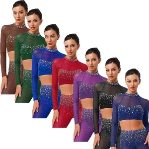 Womens Crop Tops Shows Dancewear Skating Top Latin Glittery Rumba Rhinestone - Picture 1 of 96