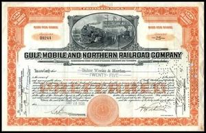 1938 Gulf Mobile Northern Railroad stock certificate + transfer revenues (MP - Imagen 1 de 3