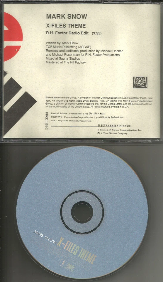 MARK SNOW X files Theme w/RARE R.H. FACTOR EDIT PROMO DJ CD Single USA 1998 MINT Foto 1 de 1