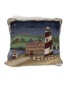 VTG Tapestry Throw Pillow Nautical Lighthouse Reversible Blue Seashells 16x15” - Picture 1 of 9