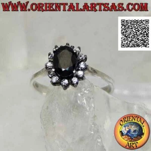Anello in Argento 925‰ fiore con zaffiro naturale ovale incastonato con petali d - Foto 1 di 5