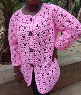 Hand Crocheted Pink Cardigan Sweater Open Knit Design Unique Plus Size 24/26 - Image 1 of 4