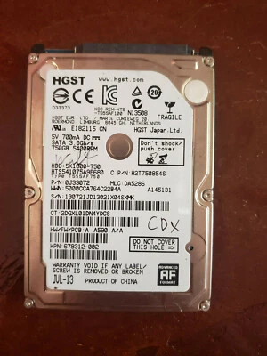 HGST HTS541075A9E680 750GB, Internal, 5400 RPM, 2.5" Hard Drive, Storage, As-is - Image 1 of 2