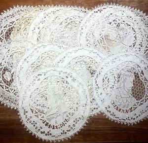 11 Antique Italian Figural Needle Lace, Cutwork Raised Embroidery 11” Placemats - Picture 1 of 24