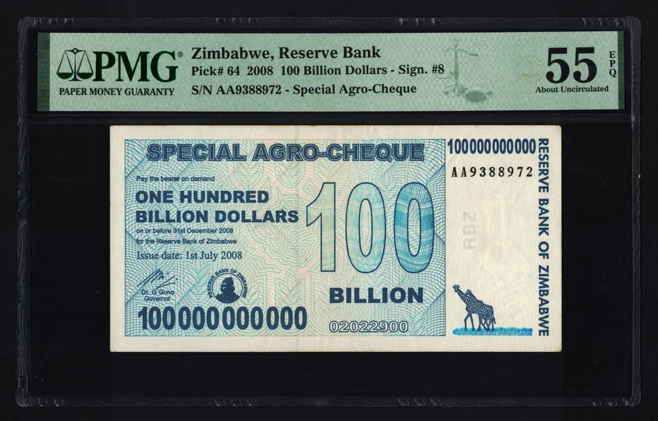 100 Billion Dollars Special Agro Cheque Zimbabwe 2008 PMG 55 Almost Uncirculated - Image 1 of 4