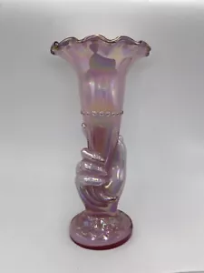 FENTON PINK IRIDESCENT WITH PLUM CREST HAND HOLDING BASE ~GORGEOUS~ - Picture 1 of 8