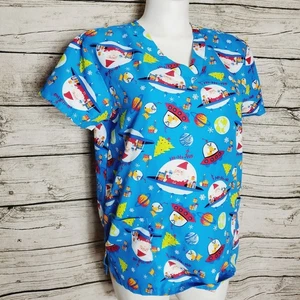 Serene Santa/Christmas Tree Scrub Top Size Large - Picture 1 of 7