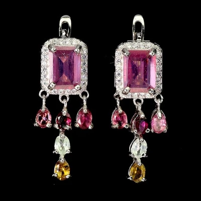 925 Sterling Silver Earrings Octagon Ruby 8x6mm Tourmaline Gemstone Jewelry - Image 1 of 4