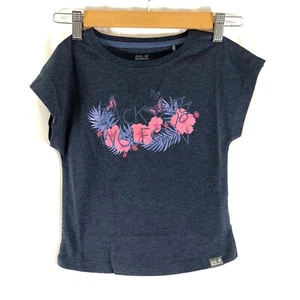 Jack Wolfskin Girls Kids T Shirt Floral Logo Short Sleeve Dark Blue 116 US 6 - Picture 1 of 6