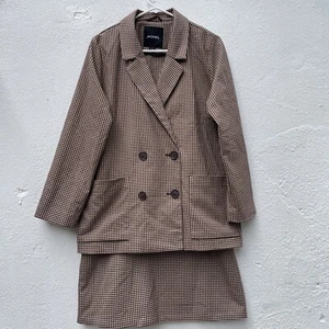 Monki Skirt Suit 2pc Womens Small Brown Checked Double Breasted Mini Skirt 60's - Picture 1 of 15