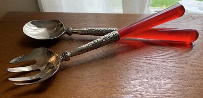 Vintage Red Lucite Salad Tongs Servers With Ornate Silverplate Design Utensils - Image 1 of 4