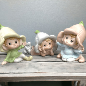Homco Pixie Elves Garden Fairies Tulip Hat Whimsical Ceramic Figurines Set of 3