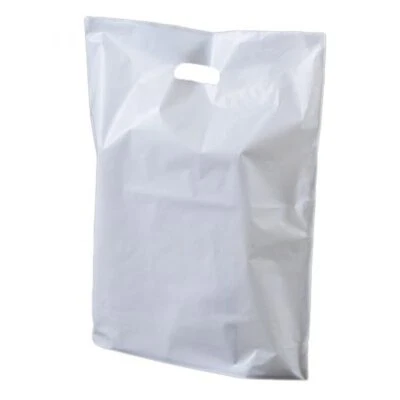 Patch Handle Carrier Bags White Plastic Carry Bag for Clothes 15" x 18" x 3" - Image 1 of 4