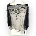 Antique 1900s Beaded Cropped Mesh Lace Top Sheer Black *AS IS*