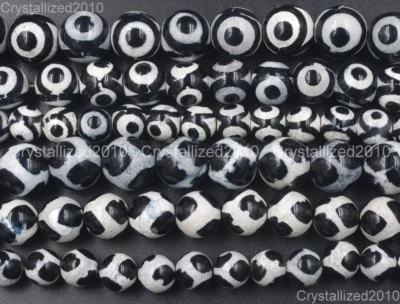 White Black Tibetan Agate Gemstone Mystical Eye Round Beads 6mm 8mm 10mm 15'' - Image 1 of 4