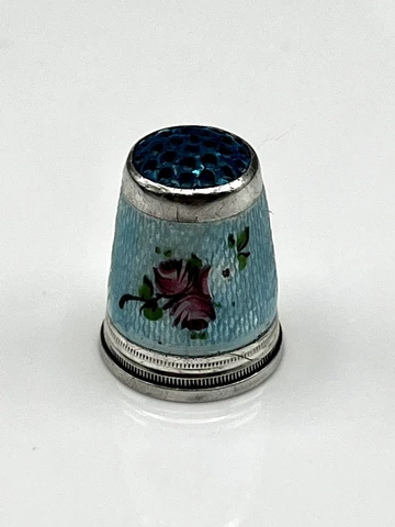 Art Deco Hallmarked Solid Sterling Silver, Guilloche Enamel & Blue Glass Thimble Cover