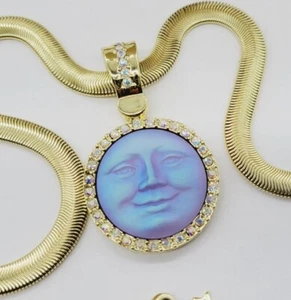 Kirks Folly Glass Seaview Moon Pendant Necklace Set 2pc Gold tone Tanzanite - Picture 1 of 10