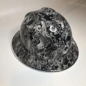 Hydro Dipped Hard Hat MSA Full Brim White Filigree Skulls w/Chrome EdgeGard - Picture 1 of 7