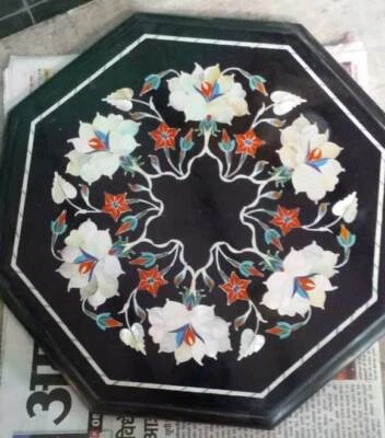 12" black marble table top coffee center corner inlay malachite home room decor - Image 1 of 4