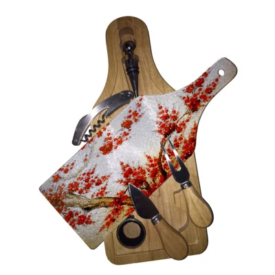 Cutting Board Wine and Glass Cheese Board Gift Set Tree Asian Red Blossoms - Image 1 of 3