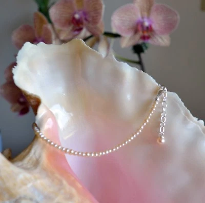 Pequeñas perlas de agua dulce y pulsera de tobillo de plata de ley .925 de 8 a 10 pulgadas Foto 1 de 4