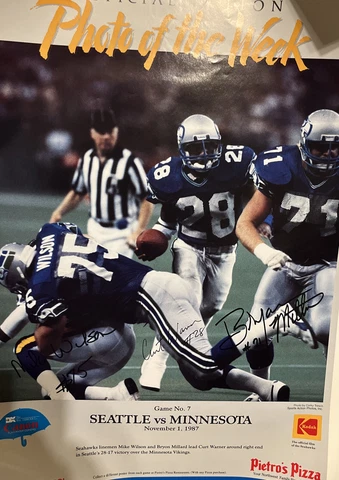 VTG Seahawks Pietros Pizza 11x14 Poster Curt Warner w/repro sig 11/1/87 Cover