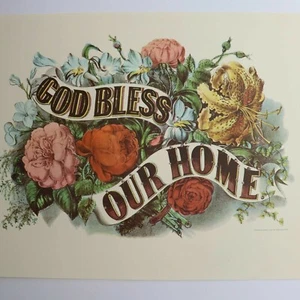 Currier & Ives Vtg Paper Print God Bless Our Home Floral Decor Art Lith Reprint - Picture 1 of 9