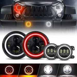 Pair 7" Round LED Headlights Red Halo DRL + 4" Fog Lights For Jeep Wrangler JK - Bild 1 von 20