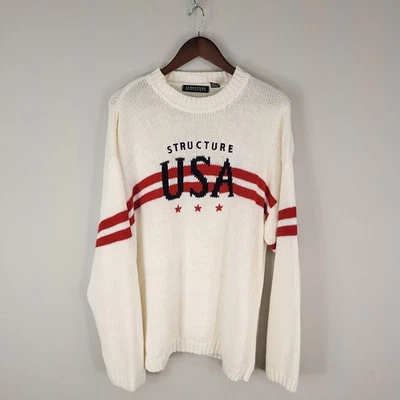 Structure Sweater Mens XL White Red USA Crewneck Knit Patriotic Pullover Y2K - Image 1 of 4
